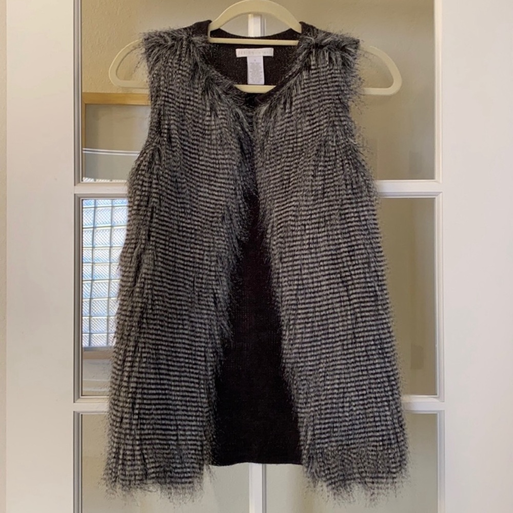 Design History Faux Fur Vest Knit Back Grey and White Small